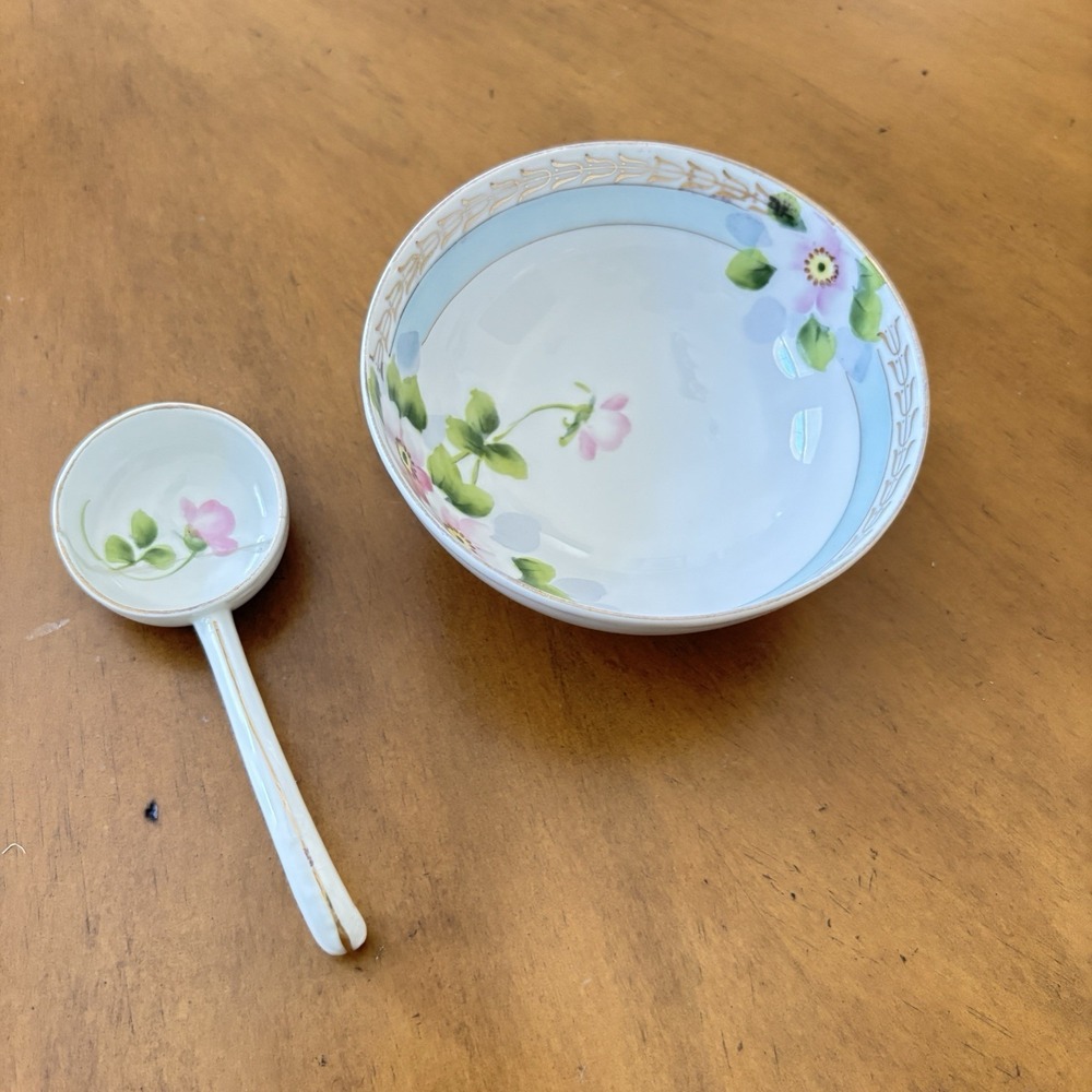 Antique Nippon Hand Painted Floral Footed Bowl w Ladle Berry Set 1900s Gold Trim